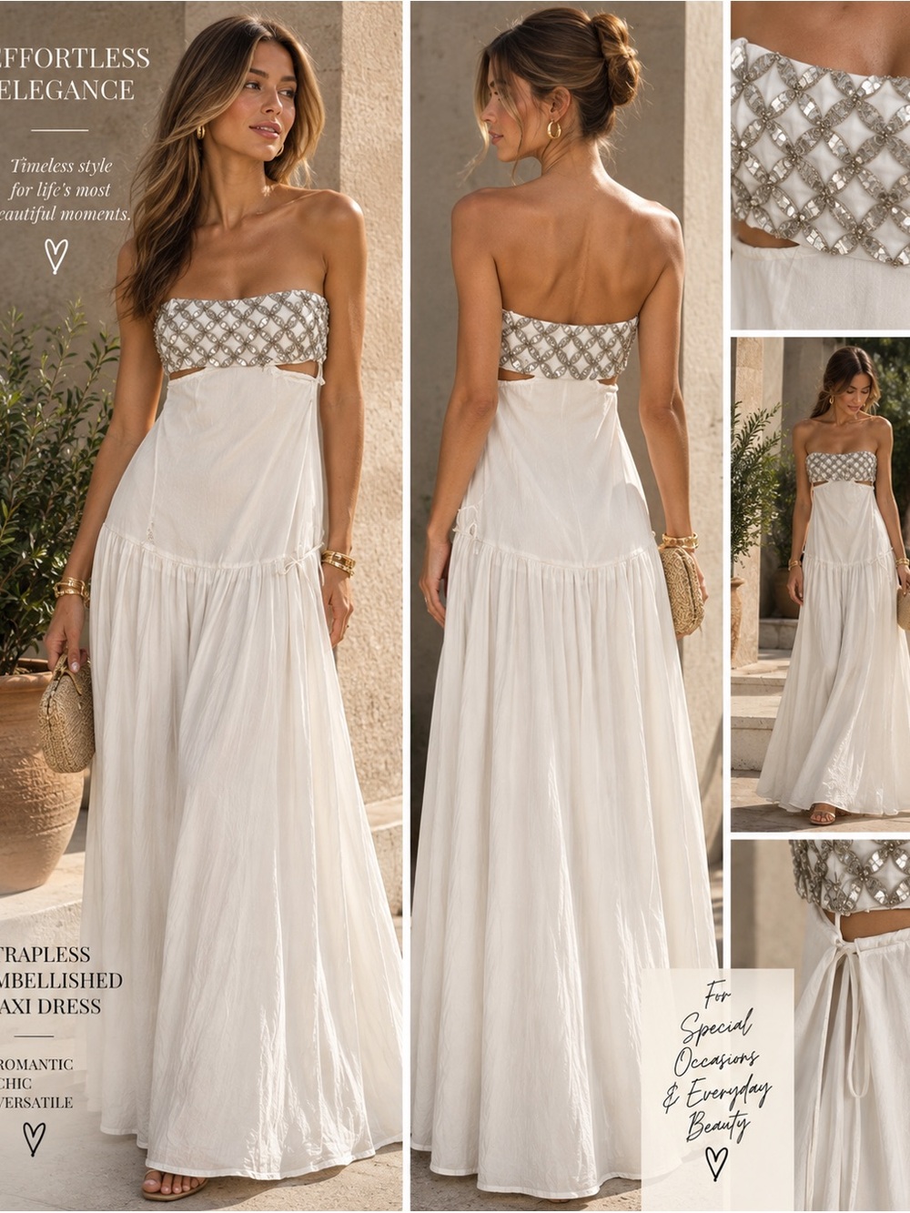 Ivory Strapless Maxi Dress with Silver Embellished Bodice